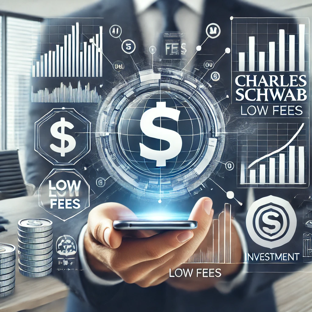 Charles Schwab as the top choice for investors with stock market graphs, investment charts, and currency symbols in a modern office setting.