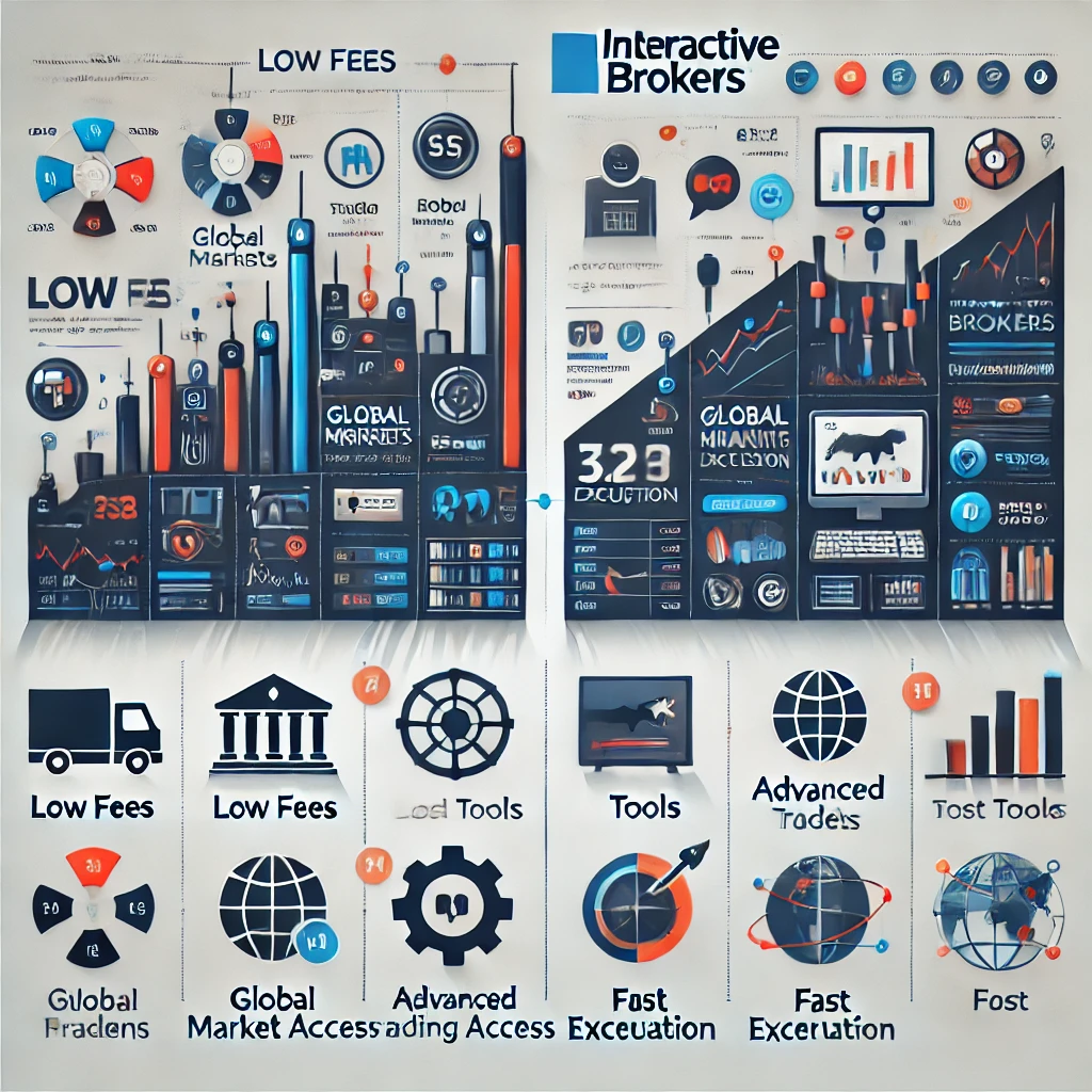 Infographic comparing Interactive Brokers with competitors, featuring low fees, global market access, advanced trading tools, and fast trade execution, designed for active traders