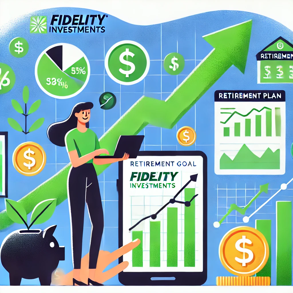 Person using a mobile device to track financial growth with Fidelity Investments, showing upward arrows, coins, and financial symbols representing success.