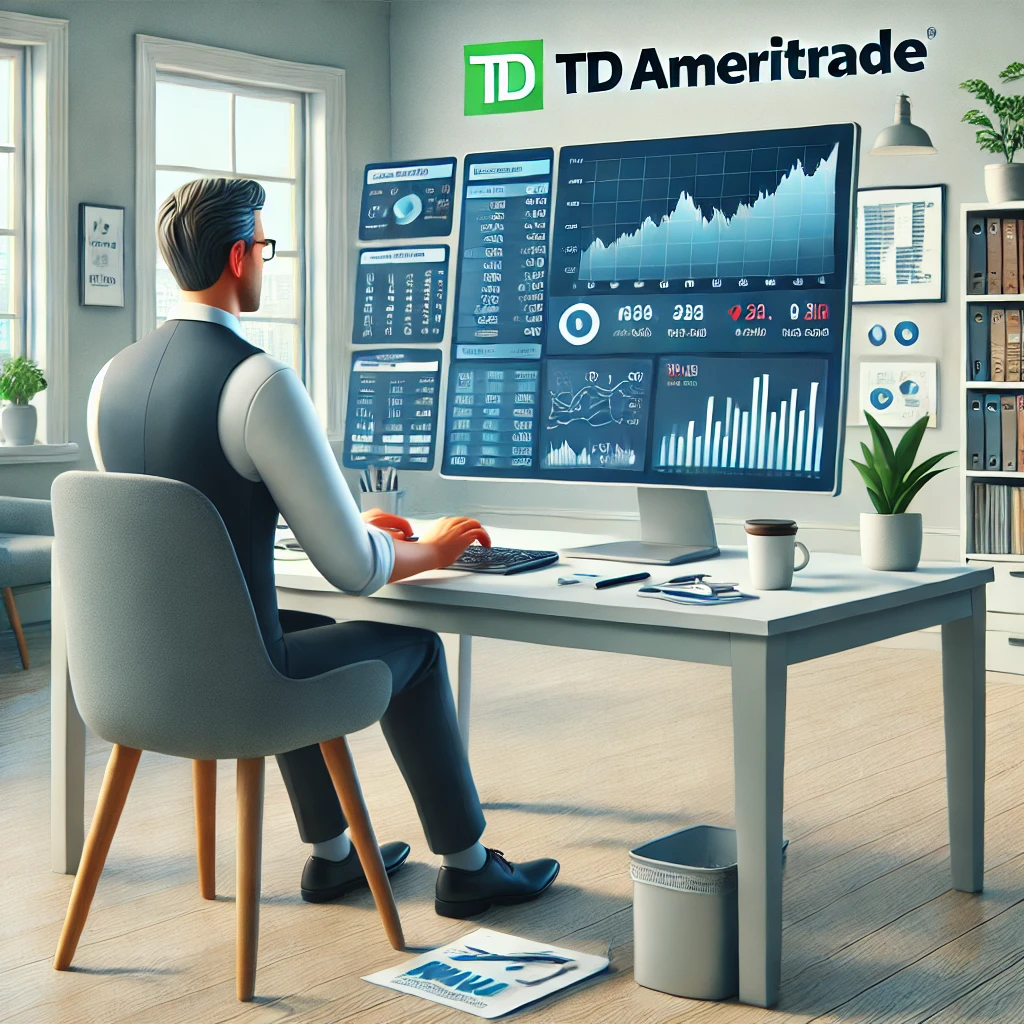 A person using a laptop to review investment strategies with TD Ameritrade, showing charts, stock market data, and financial tools on the screen. The desk has papers, a coffee cup, and a pen, with a bookshelf and plant in the background.